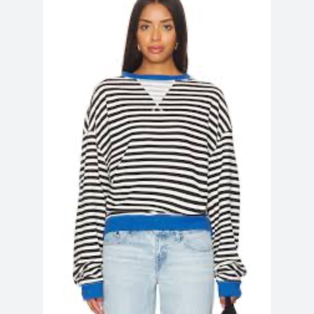 Free People Black & White Striped Sweatshirt with Bright Blue Trim